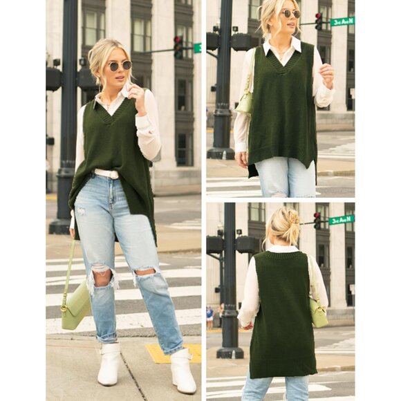 Women's Knit Sweater Vest Sleeveless V-Neck Oversized Fall Outfit - Picture 2 of 5